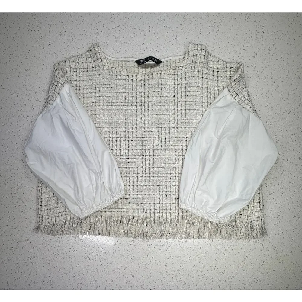 ZARA Textured Tweed Crop Top Blouse Puff Sleeve White size L - Picture 9 of 9